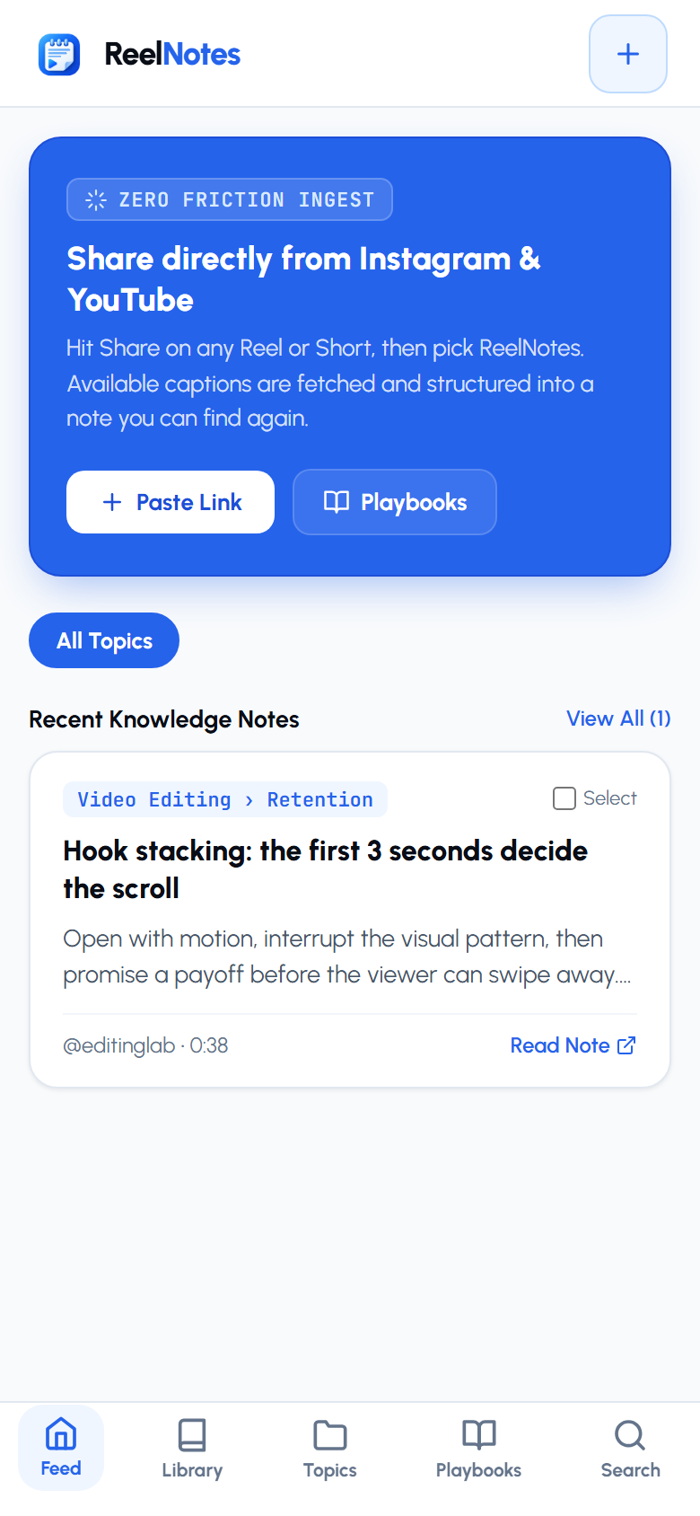 ReelNotes feed screen showing a structured knowledge note