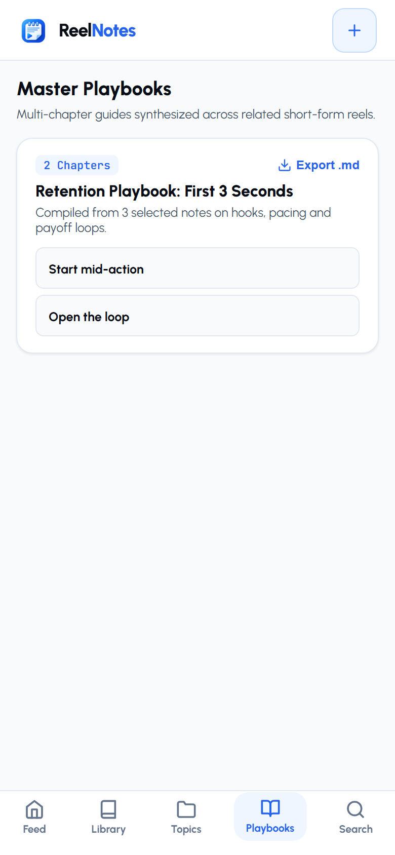 ReelNotes playbooks screen with a compiled guide
